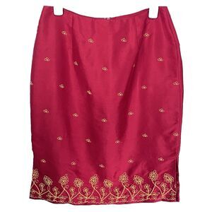 Vtg ALLISON TAYLOR Silk Skirt Pencil Knee Length Midi Embroidered Womens 8 Pink